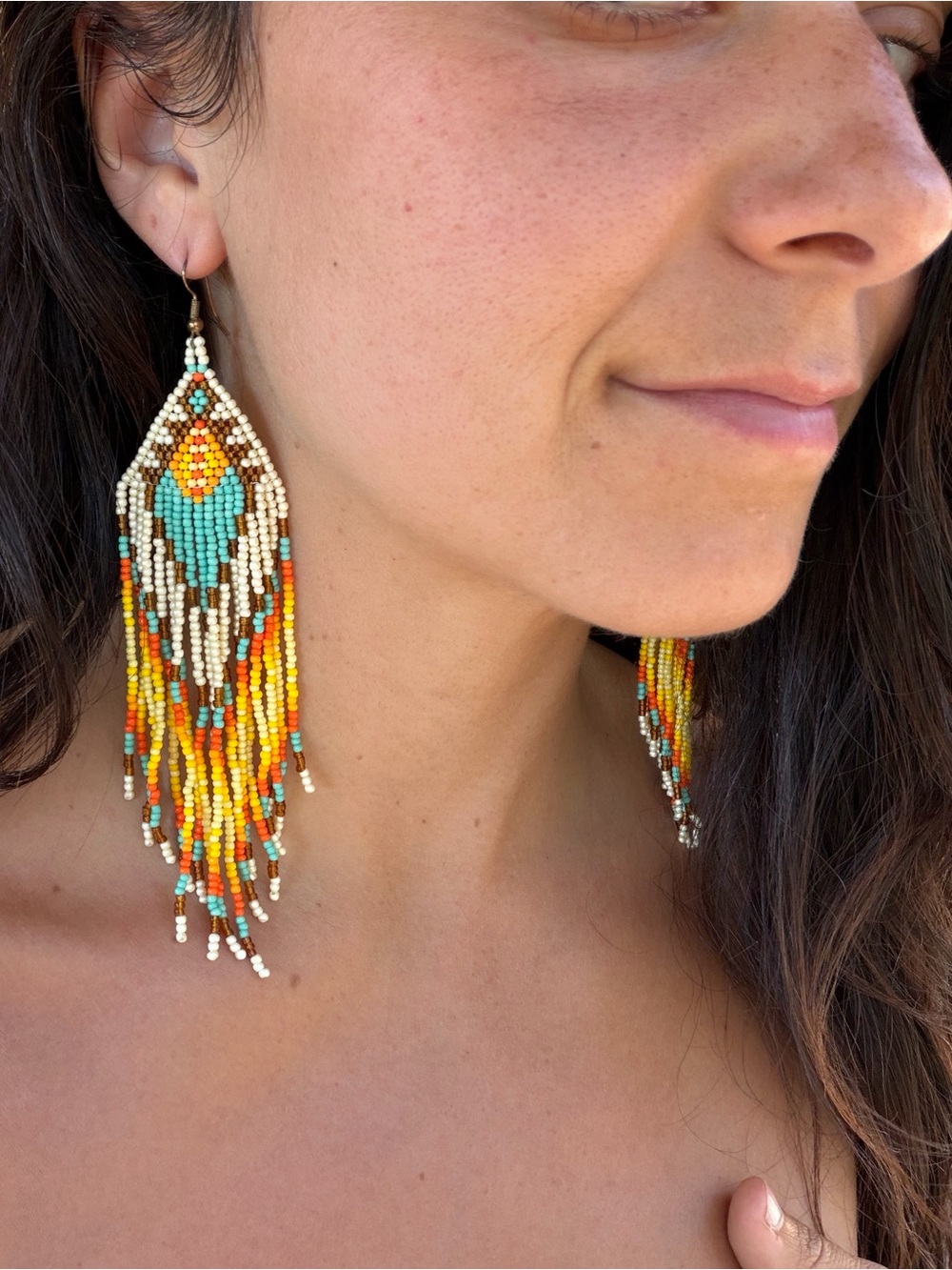 Handmade Beaded Fringe Earrings - Turquoise & Yellow